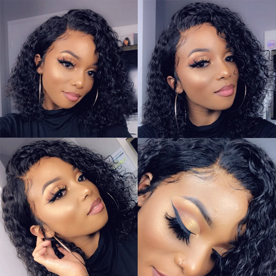Glueless Wig Short Kinky Curly Bob Wig Lace Front Human Hair Wigs 12A Peruvian Water Wave Lace Wigs HD Transparent Perruque