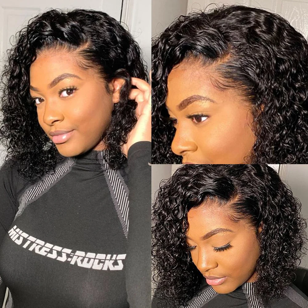 Glueless Wig Short Kinky Curly Bob Wig Lace Front Human Hair Wigs 12A Peruvian Water Wave Lace Wigs HD Transparent Perruque