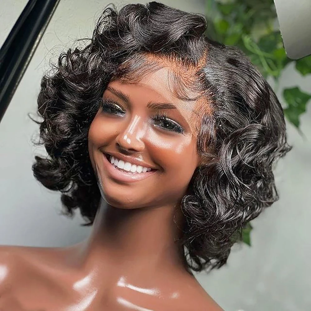 Alternative view of Body Wave Short Bob Transparent T Part Side Part Lace Human Hair Wig for Women PrePlucked Natural Color Remy Indian Hair On Sale
