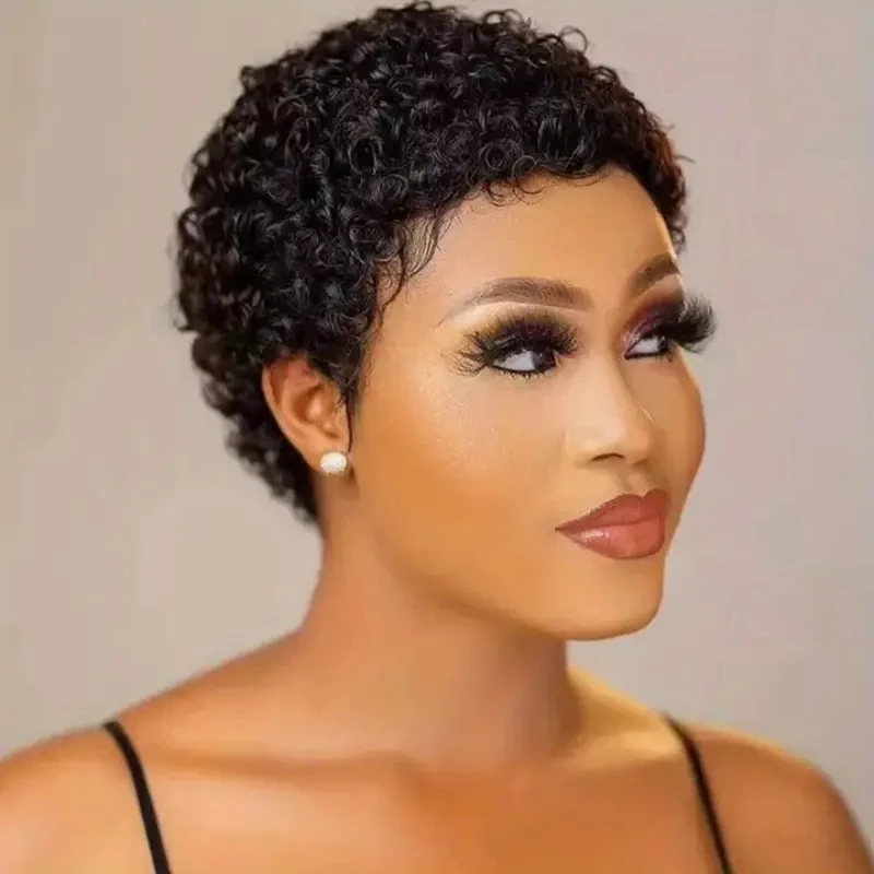Alternative view of Short Curly Pixie Cut Wig Human Hair Wig for Black Women Human Hair Short Wig Human Hair Glueless Wig Layered None Lace Wig