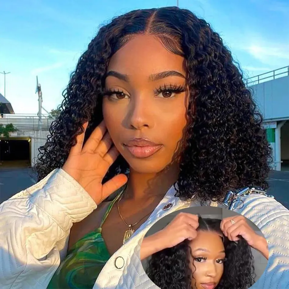 Wear and Go Glueless Wigs Short Bob Wig Human Hair Kinky Curly Upgraded NoGlue 13x4 Lace Frontal Wigs Human Hair for Black Women