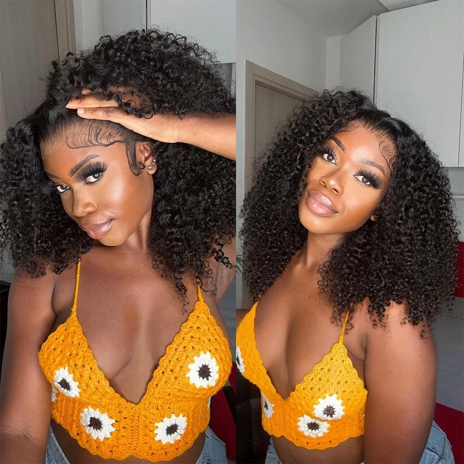Wear and Go Glueless Wigs Short Bob Wig Human Hair Kinky Curly Upgraded NoGlue 13x4 Lace Frontal Wigs Human Hair for Black Women
