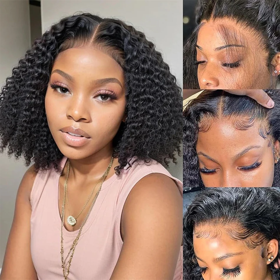 Wear and Go Glueless Wigs Short Bob Wig Human Hair Kinky Curly Upgraded NoGlue 13x4 Lace Frontal Wigs Human Hair for Black Women