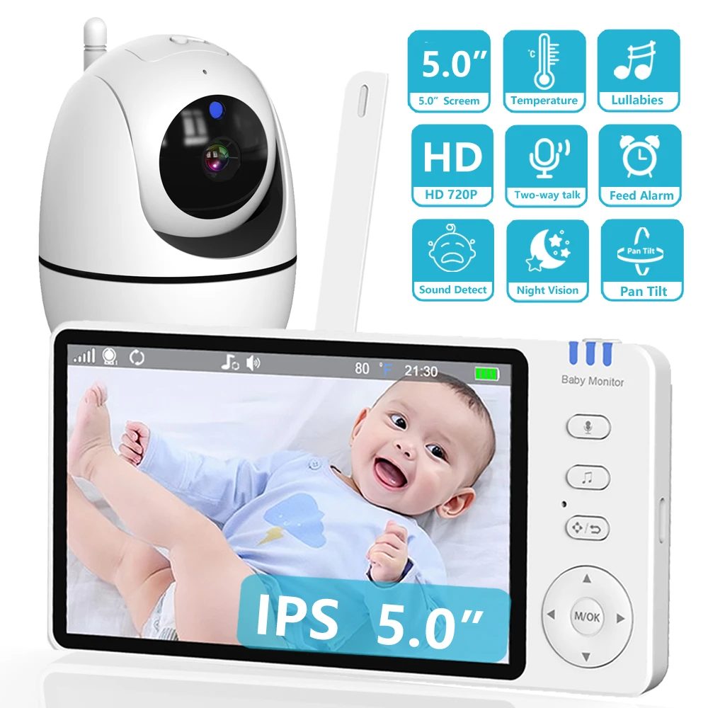 5 Inch Video Baby Monitor 720P With Pan Tilt  Surveillance Camera Two Way Audio Intercom Auto Night Vision IPS Screen Babe Nanny