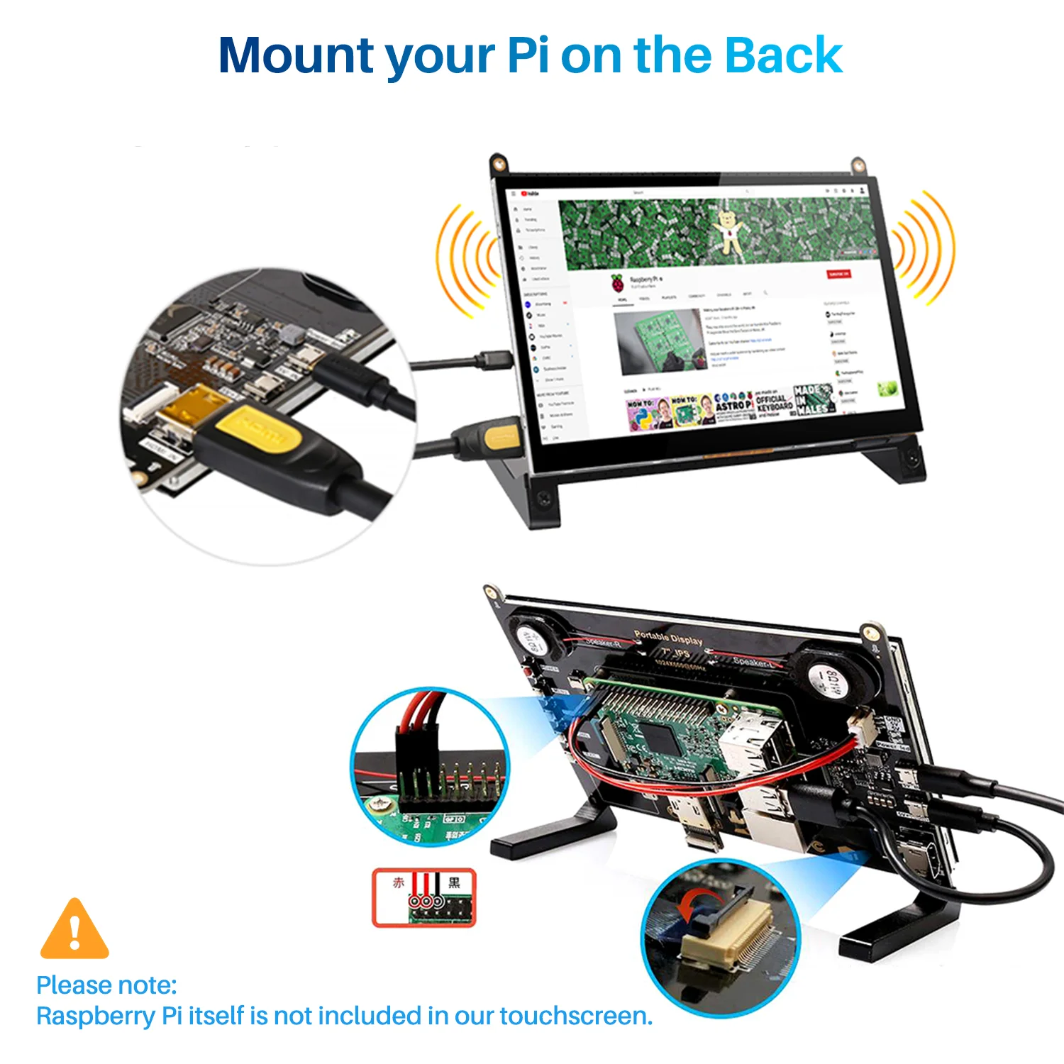 Alternative view of 7 inch Touchscreen Monitor for Raspberry Pi 1024X600 Pixel Display 5-Point Touch Screen Driver-Free HDMI Type-C VGA AV for Pi 4