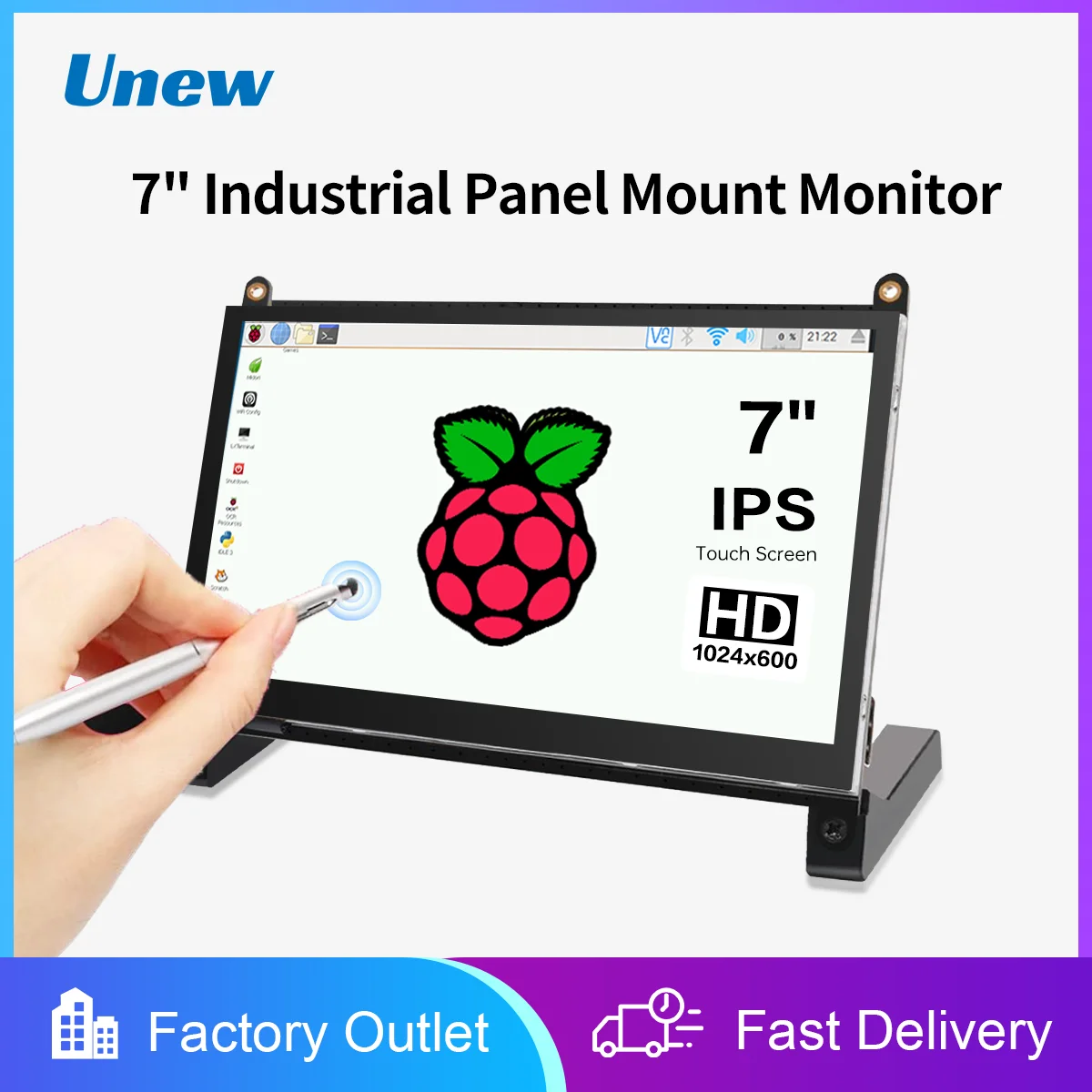 7 inch Touchscreen Monitor for Raspberry Pi 1024X600 Pixel Display 5-Point Touch Screen Driver-Free HDMI Type-C VGA AV for Pi 4