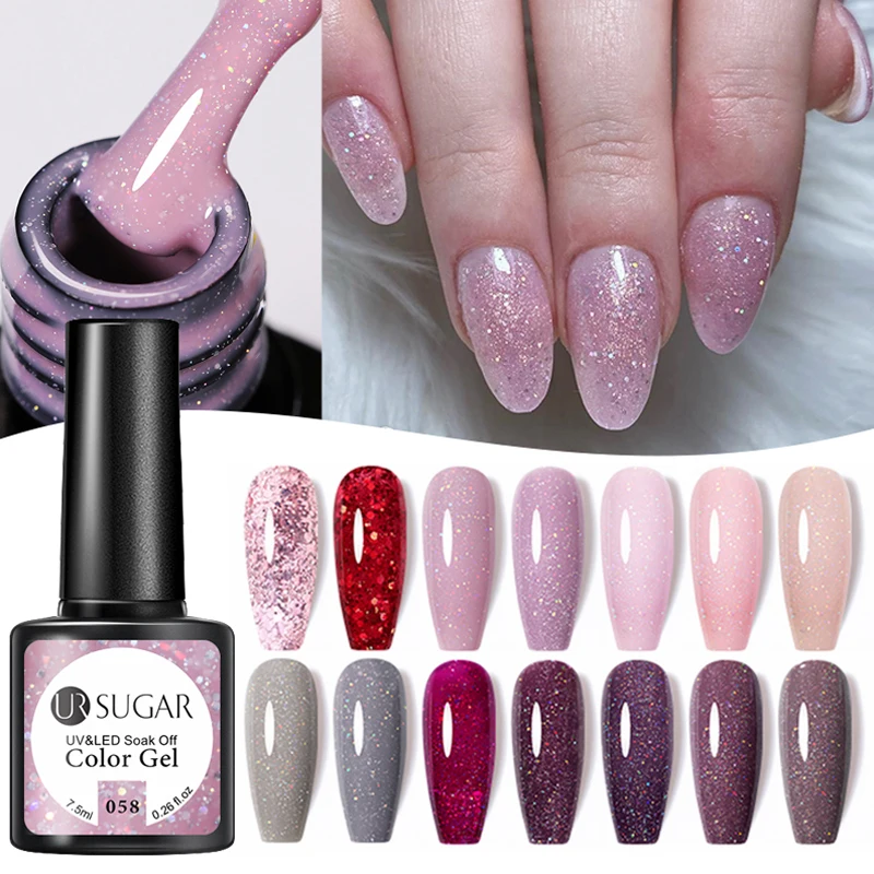 UR SUGAR 7.5ml Pink Glitter Nail Gel Polish Semi Permanent Varnish Soak Off UV LED Nail Art Base Top Coat Gel Manicure
