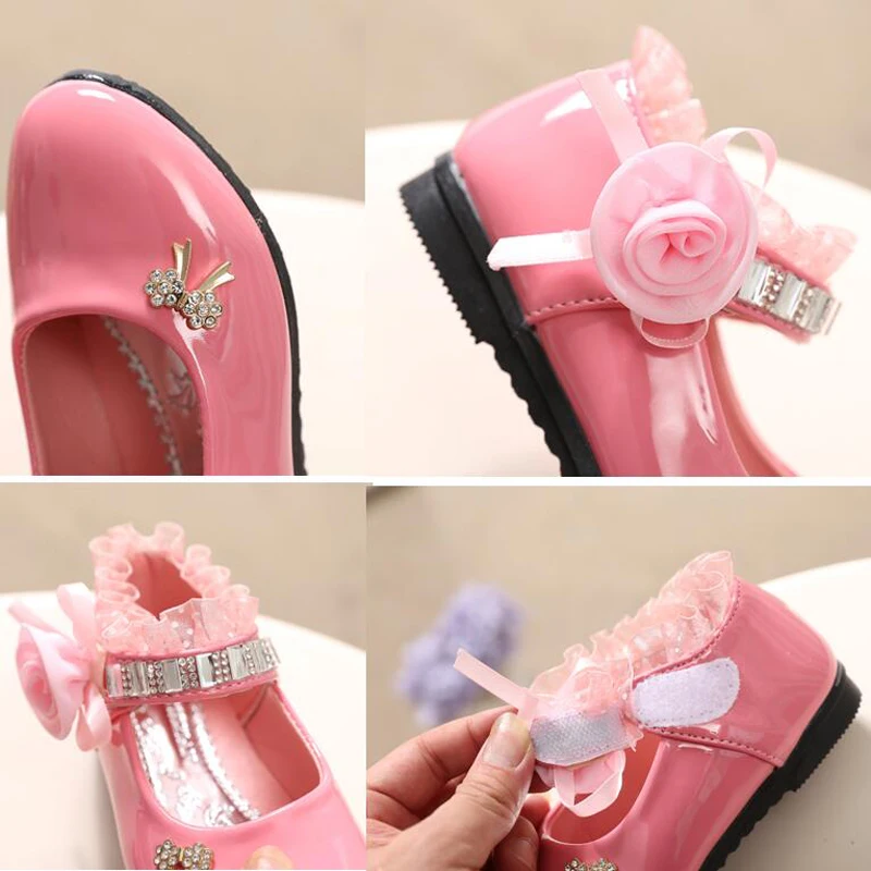 Alternative view of 2021 New Flower Girls Shoes Spring Autumn Princess Lace PU Leather Shoes Cute Bowknot Rhinestone For 3-11 Ages Toddler Shoes