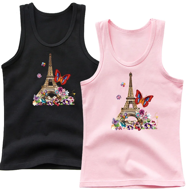 Girls Fashion Singlet Cotton Underwear Summer Children Pink Tanks Tops Beach Clothing Toddler Kids Eiffel Tower Vest