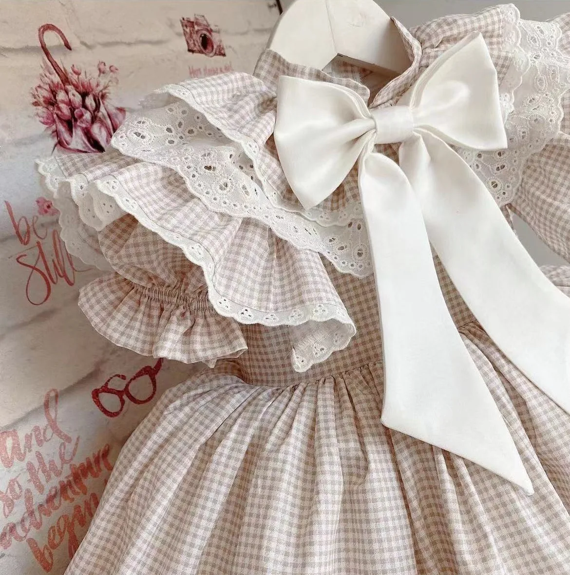 Alternative view of Baby Girl SummerBeige Plaid Deer Embroidery Turkish Vintage Ball Gown Princess Dress for Easter Eid Birthday Party