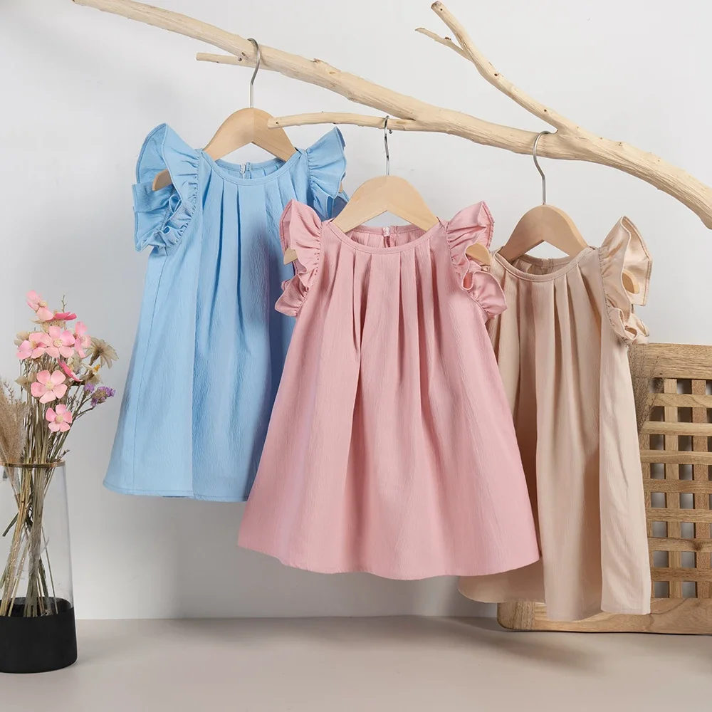 Alternative view of Summer Baby Girl Dress Solid Color Ruffled Edge Dress Sweet And Cute Casual Children's Summer Clothing Cheap Wholesale