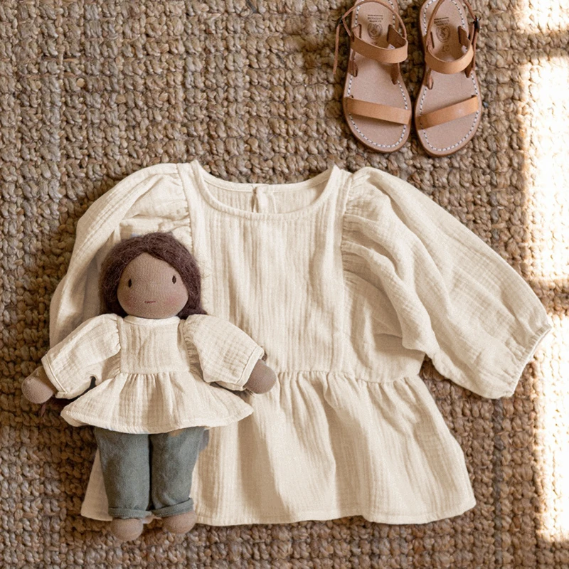 Autumn New Casual Large 3/4 Sleeves Girls' Blouse 100% Organic Cotton Double Gauze Children's Solid Loose Ruffle Tops TZ187 Autumn New Casual Large 3/4 Sleeves Girls' Blouse 100% Organic Cotton Double Gauze Children's Solid Loose Ruffle Tops TZ187