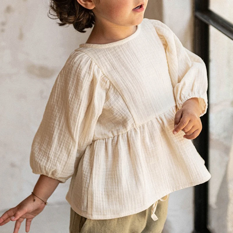 Autumn New Casual Large 3/4 Sleeves Girls' Blouse 100% Organic Cotton Double Gauze Children's Solid Loose Ruffle Tops TZ187 Autumn New Casual Large 3/4 Sleeves Girls' Blouse 100% Organic Cotton Double Gauze Children's Solid Loose Ruffle Tops TZ187