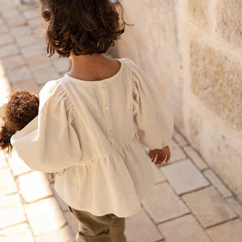 Autumn New Casual Large 3/4 Sleeves Girls' Blouse 100% Organic Cotton Double Gauze Children's Solid Loose Ruffle Tops TZ187 Autumn New Casual Large 3/4 Sleeves Girls' Blouse 100% Organic Cotton Double Gauze Children's Solid Loose Ruffle Tops TZ187