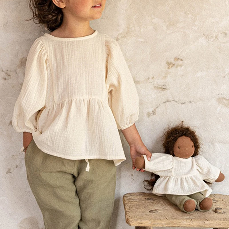 Autumn New Casual Large 3/4 Sleeves Girls' Blouse 100% Organic Cotton Double Gauze Children's Solid Loose Ruffle Tops TZ187 Autumn New Casual Large 3/4 Sleeves Girls' Blouse 100% Organic Cotton Double Gauze Children's Solid Loose Ruffle Tops TZ187