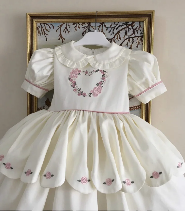 Alternative view of 0-12Y Baby Girl Summer Pink Heart Flower Embroidery Turkish Vintage Lolita Princess White Dress for Birthday Holiday Casual Eid