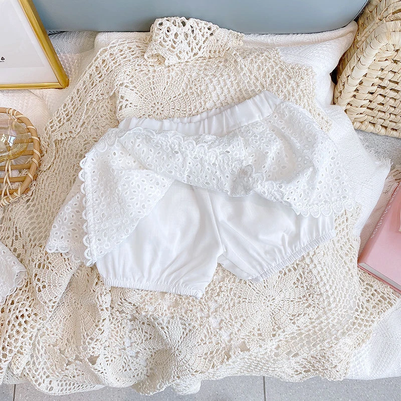 Girls 2024 Summer Clothing Sets Hollow Lace Suit Baby Casual Sleeveless T-shirt+Shorts Kids Clothing Sets Baby Clothes Outfits Girls 2024 Summer Clothing Sets Hollow Lace Suit Baby Casual Sleeveless T-shirt+Shorts Kids Clothing Sets Baby Clothes Outfits