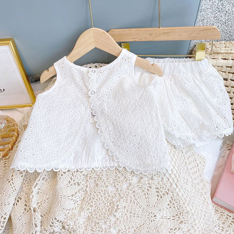 Girls 2024 Summer Clothing Sets Hollow Lace Suit Baby Casual Sleeveless T-shirt+Shorts Kids Clothing Sets Baby Clothes Outfits Girls 2024 Summer Clothing Sets Hollow Lace Suit Baby Casual Sleeveless T-shirt+Shorts Kids Clothing Sets Baby Clothes Outfits