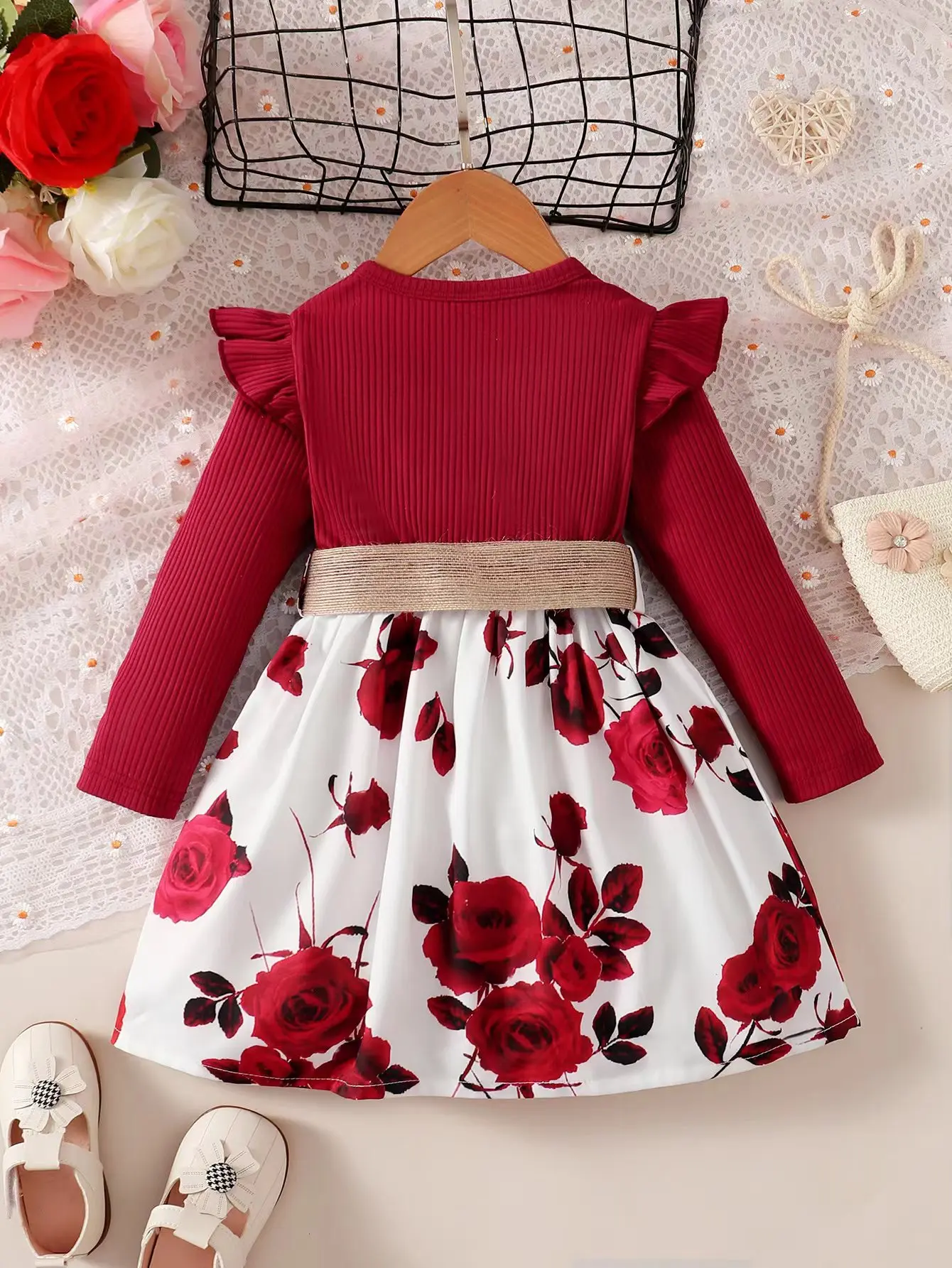 Alternative view of 1-7 Years Children Girls New Year Dress Red Long Sleeved Flower Skirt for Birthday Wedding Party Wear Fashion Autumn Outfits