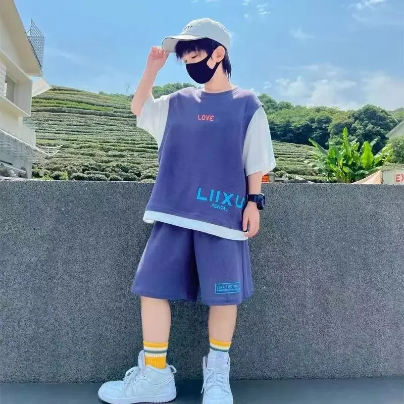 Alternative view of Junior Boys Summer Suit Children's Fashion Patchwork Short Sleeve Shorts Sports Suit Clothing 3-14Y Trend