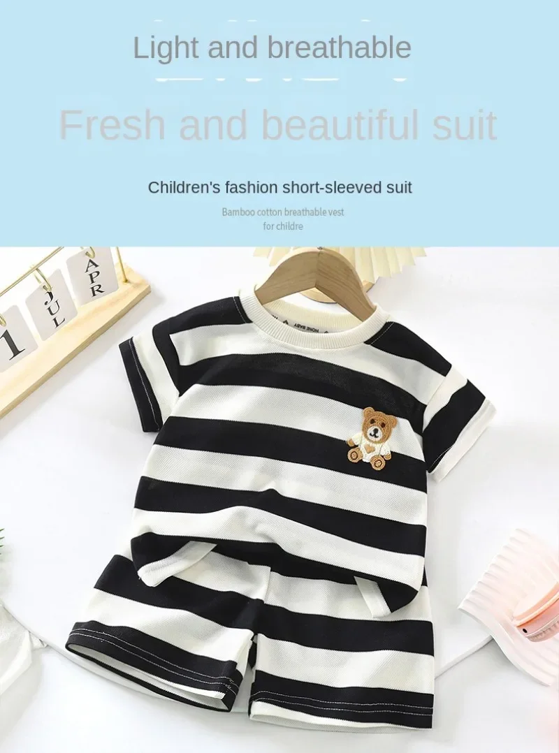 Summer Children Sets Boys Girls Short-sleeved Striped T-shirt +Shorts Set Babies Fashion Round Neck Tracksuits Kids Suits