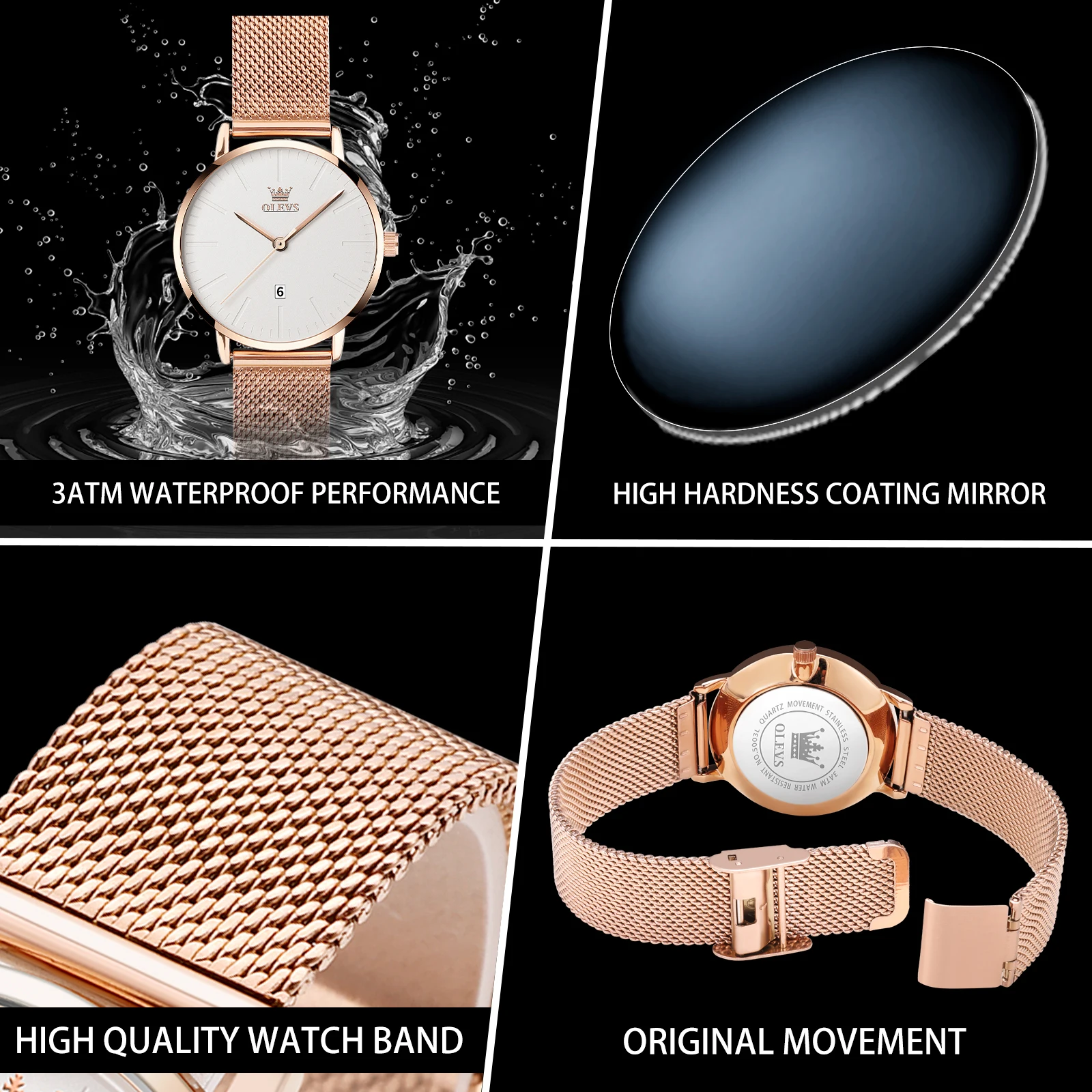 Alternative view of OLEVS Luxury Fashion Watch for Women Rose Gold Waterproof Quartz Ladies Wristwatch Original Simple Women's Watches Montre Femme