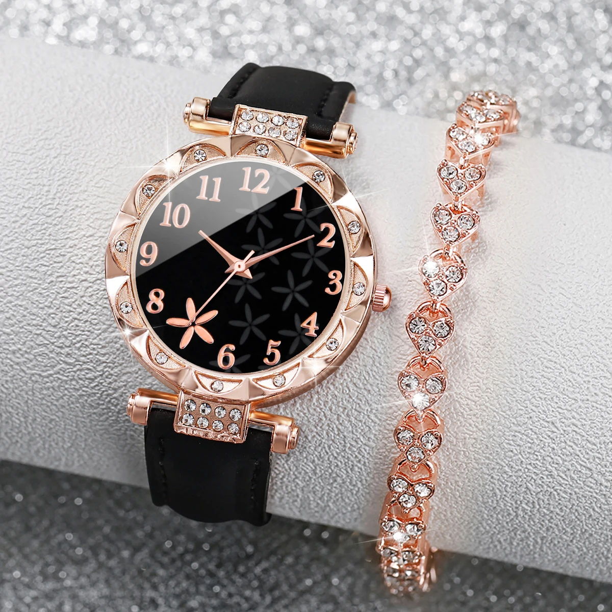 Alternative view of 2PCS/Set Women Watches Rhinestone Heart Bracelet Set Fashion Flower Dial Female Leather Band Quartz Wristwatch