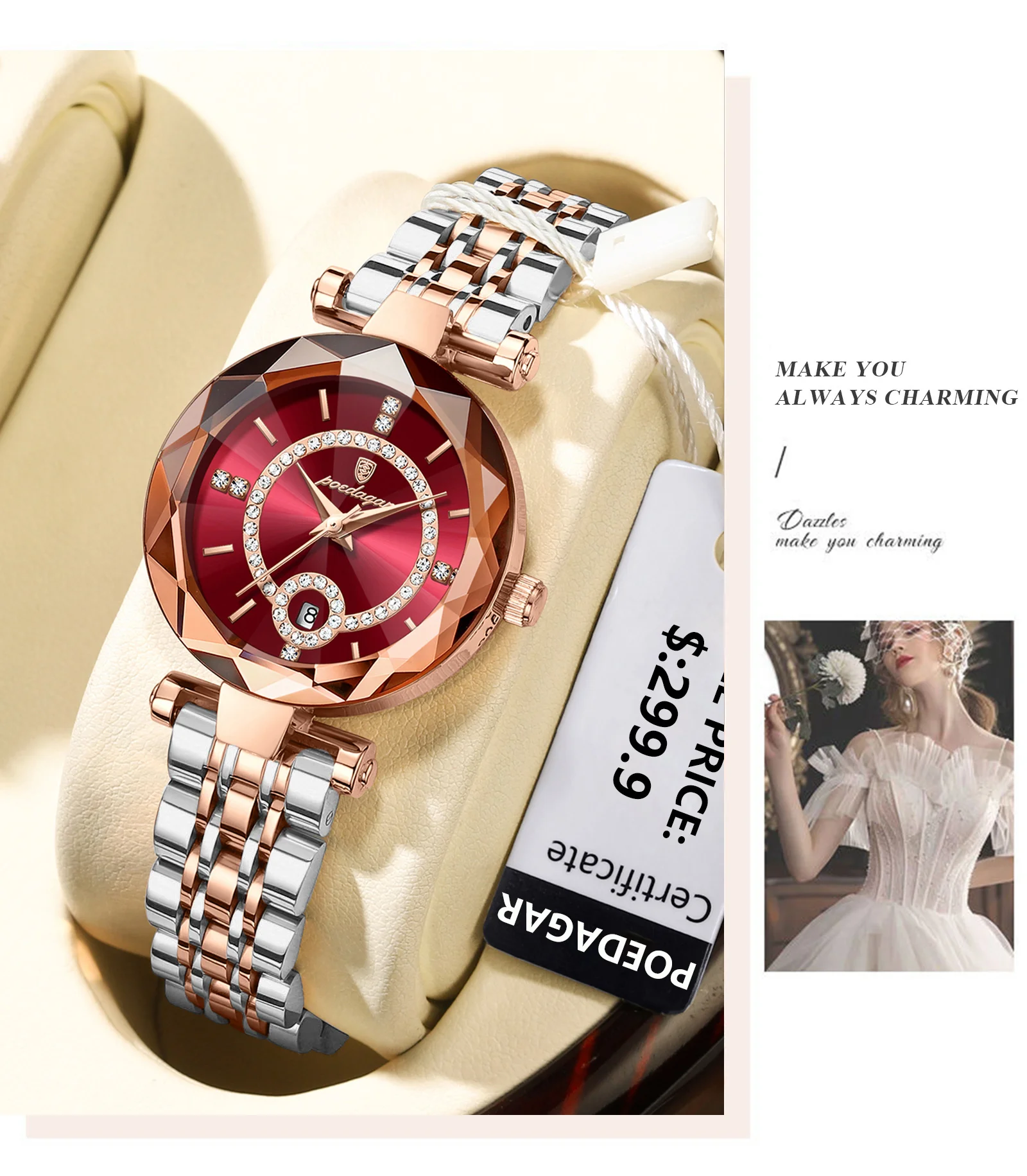 POEDAGAR Luxury Watch For Woman High Quality Diamond Ladies Quartz Watch Waterproof Date Stainless Steel Women Watches reloj+box