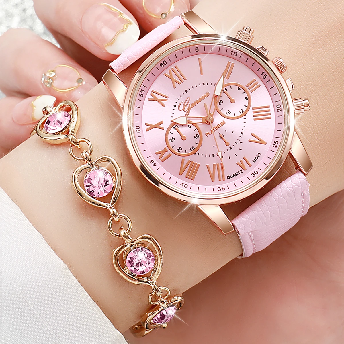 Alternative view of 5PCS/Set Fashion Women Watch Rhinestone Heart Jewelry Set Geneva Watch Casual Leather Band Quartz Wristwatch（Without Box）