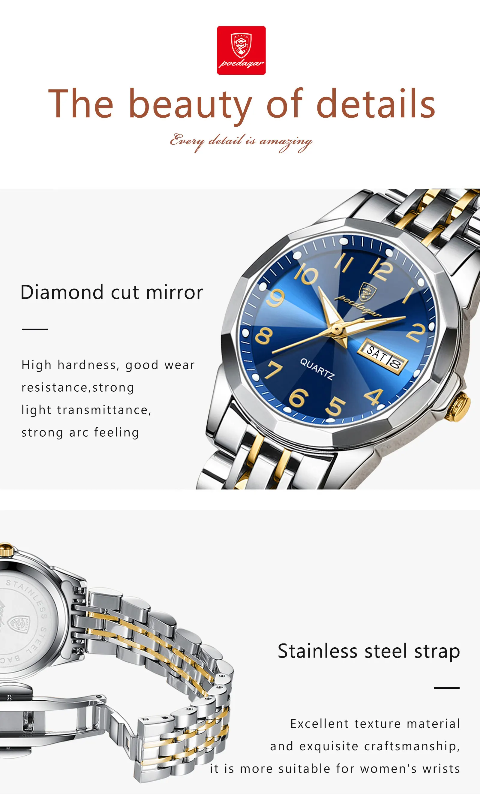 POEDAGAR Luxury Ladies Wristwatch Waterproof Luminous Date Week Women Quartz Watch Stainless Steel Women‘s Watches Female Reloj