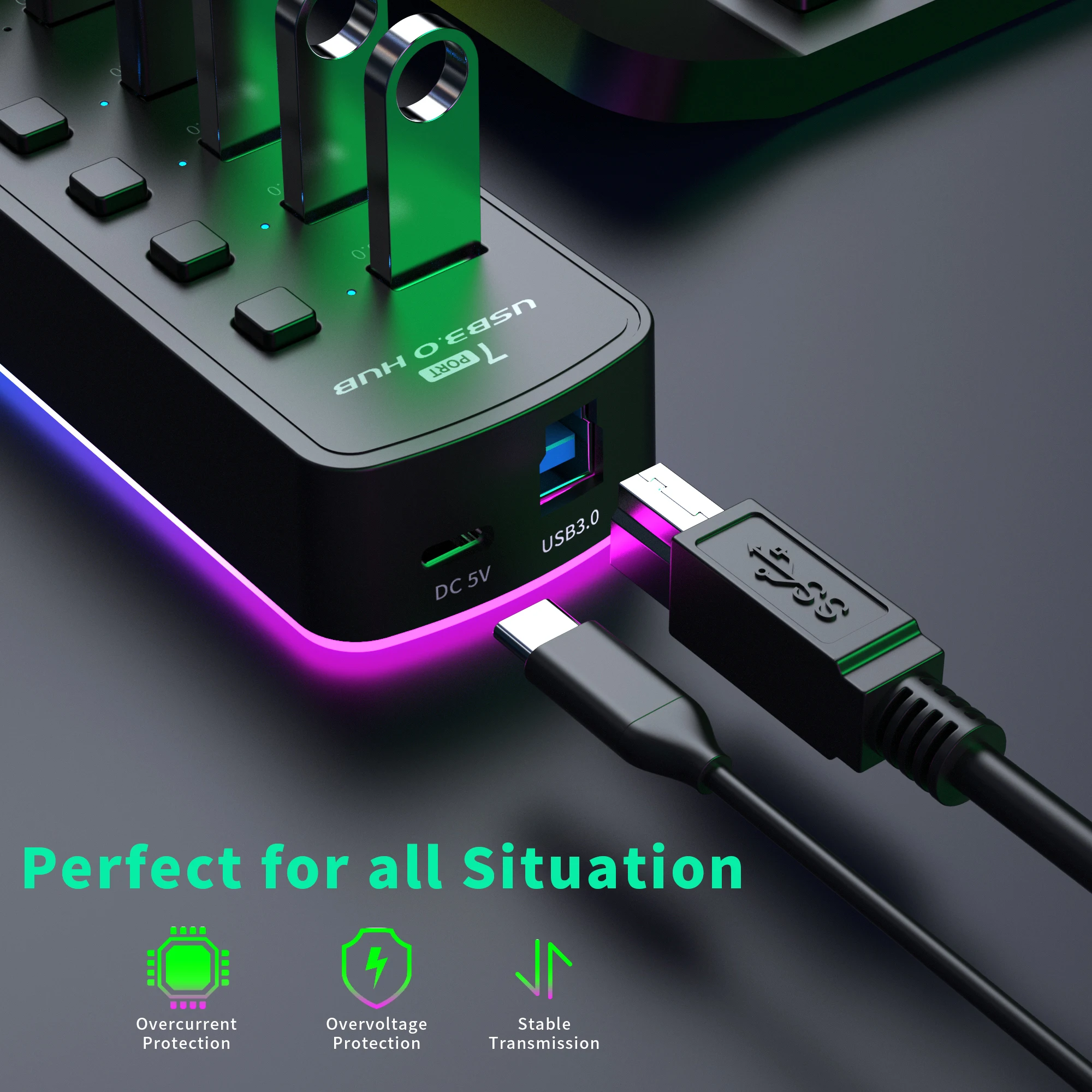 Alternative view of RGB USB 3.0 Hub 7 Ports Data Port Adapter 5Gbps Individual On/Off Switch Splitter Gaming USB Hub For Laptop PC Computer Accessor
