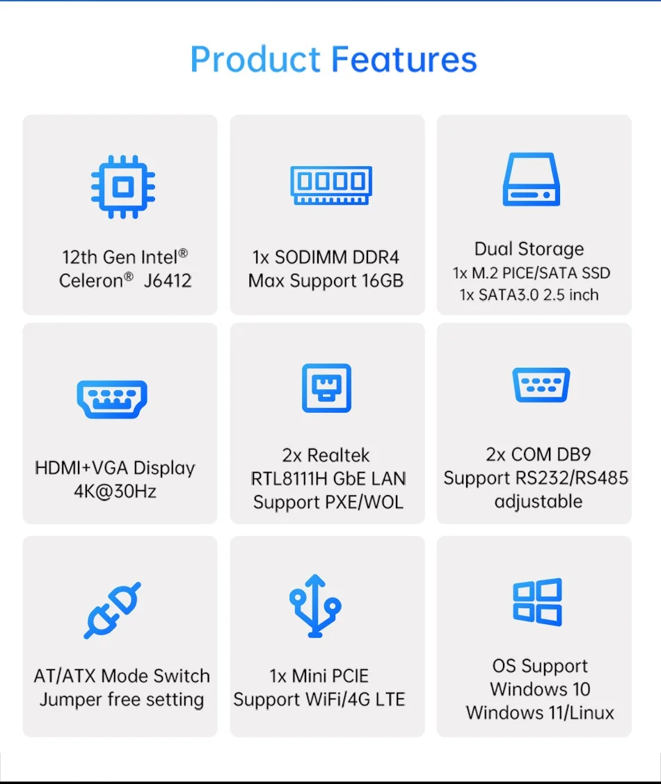Intel Celeron Fanless Industrial IoT Mini PC J6412 J4125 J1900 2x COM RS232 RS485 2x Gigabit Ethernet Support WiFi 3G 4G SIM