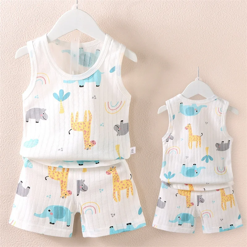 0-4 Years Kids Baby Vest+Shorts 2-Piece Clothing Set Boys Girls Cartoon Unicorn Giraffe Cotton Pajamas Summer Sports Casual Suit