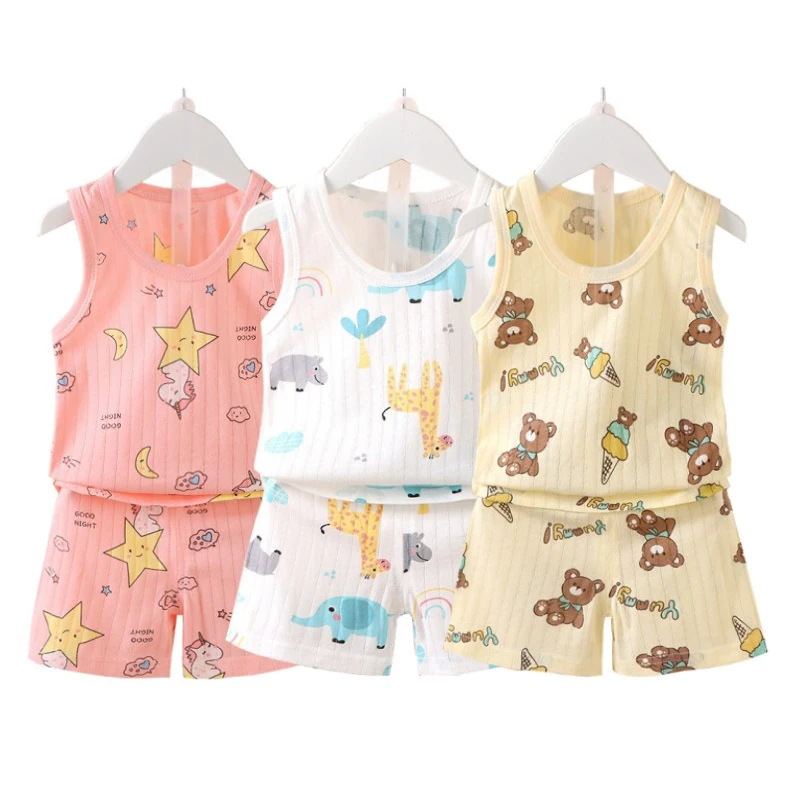 0-4 Years Kids Baby Vest+Shorts 2-Piece Clothing Set Boys Girls Cartoon Unicorn Giraffe Cotton Pajamas Summer Sports Casual Suit
