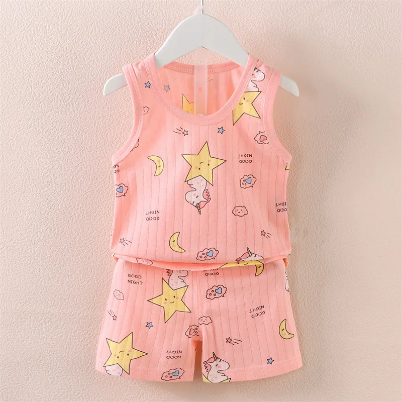 Alternative view of 0-4 Years Kids Baby Vest+Shorts 2-Piece Clothing Set Boys Girls Cartoon Unicorn Giraffe Cotton Pajamas Summer Sports Casual Suit