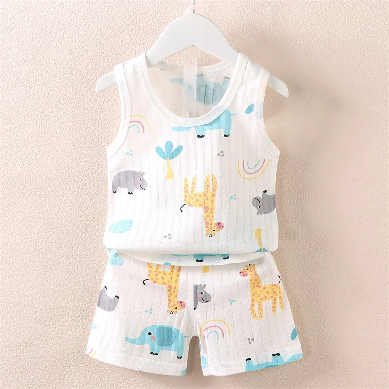 0-4 Years Kids Baby Vest+Shorts 2-Piece Clothing Set Boys Girls Cartoon Unicorn Giraffe Cotton Pajamas Summer Sports Casual Suit