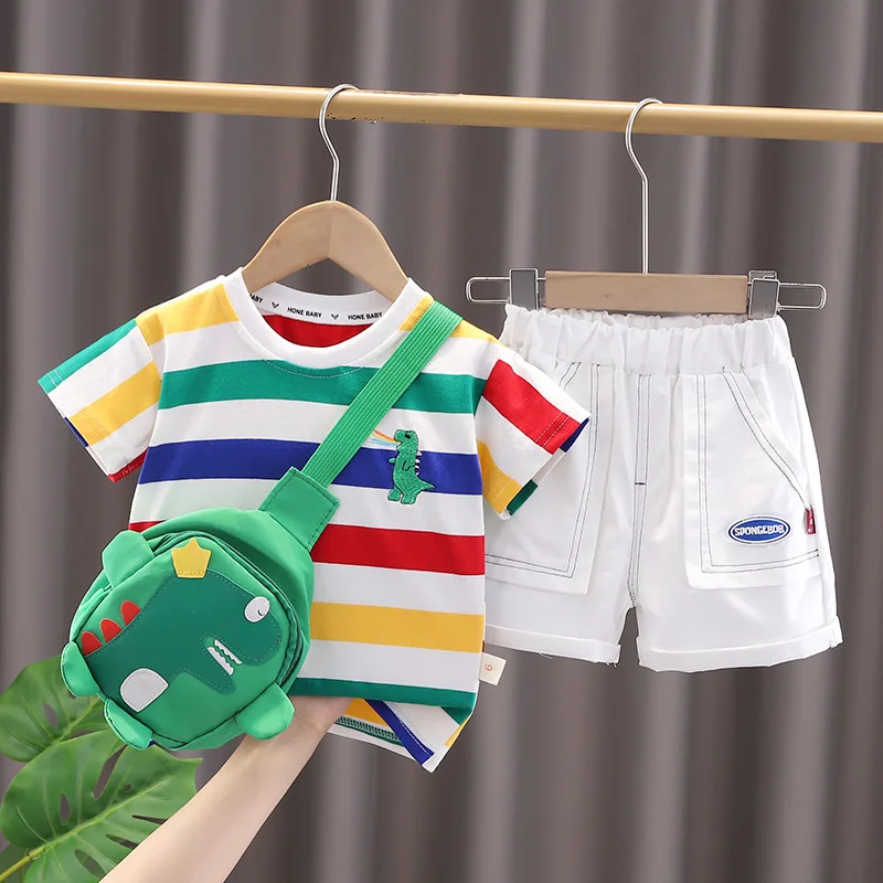 Alternative view of Summer Cute Cartoon Dinosaur Fashion Children O-neck T-shirt+Shorts+Bag Toddler Baby Boys Girls Clothes Set New Kids Tracksuits