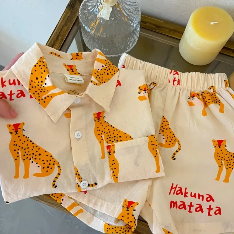 Alternative view of 1-5 Years Children Clothing Boys Sets Summer Kids Cheetah Printed Short Sleeve Shirt Shorts Set Fashion Boy Clothes 2pcs Suit