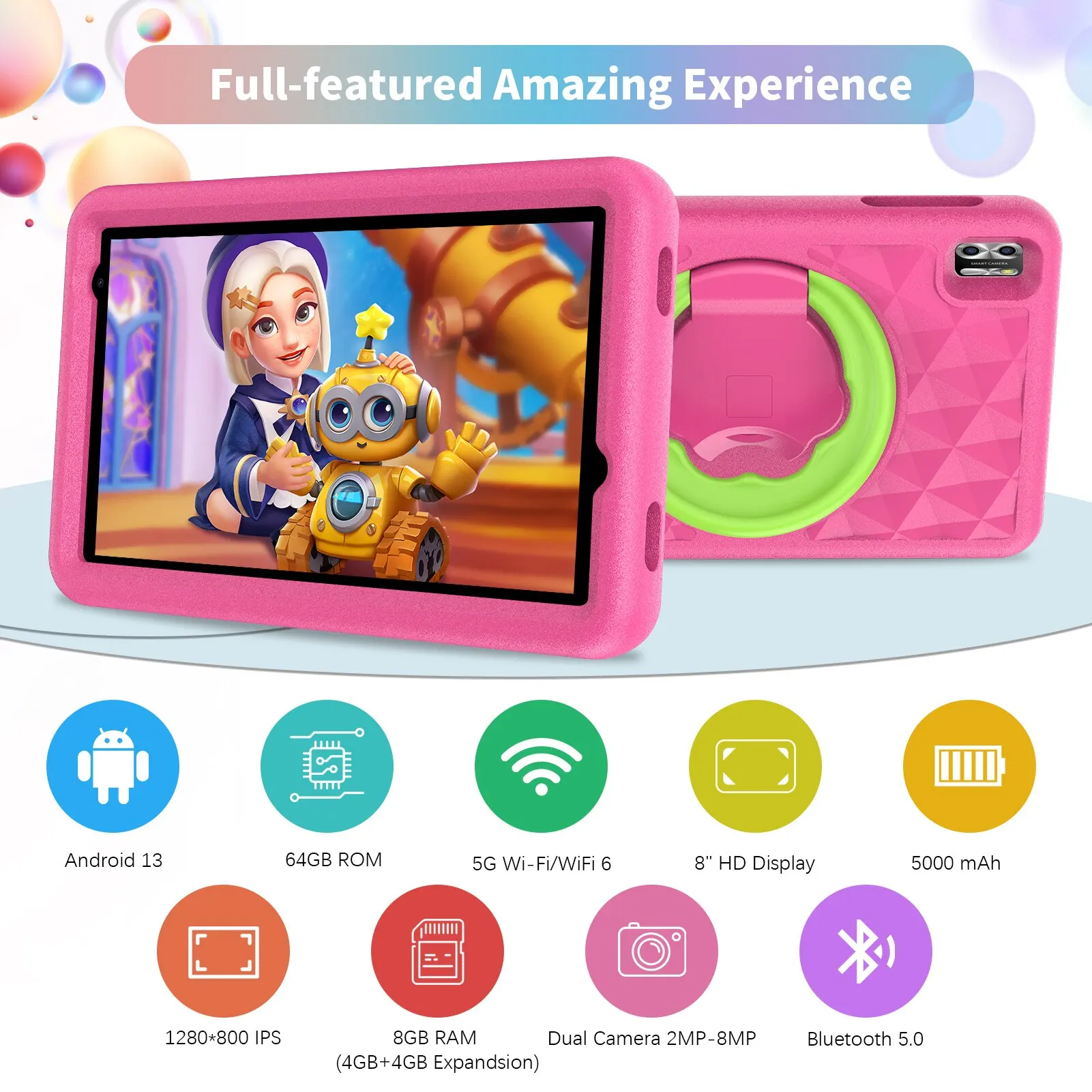 Alternative view of VASOUN Kids Tablet 8 Inch, Android 13 Quad Core, 8GB(4+4expand)RAM+64GB ROM, 5000mAh, Dual Camera, WiFi, Parental Control
