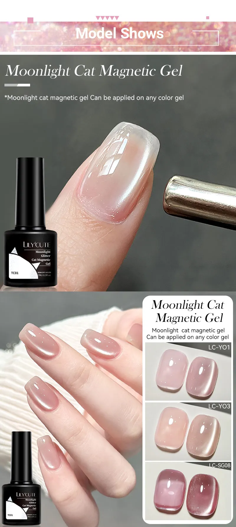 LILYCUTE 7ML Moonlight Glitter Cat Magnetic Gel Nail Polish Purple Gold Foils Effect Sparking Long Lasting Manicure Nail Art Gel
