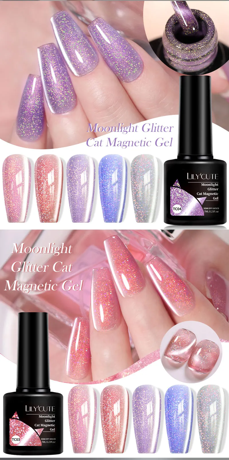 LILYCUTE 7ML Moonlight Glitter Cat Magnetic Gel Nail Polish Purple Gold Foils Effect Sparking Long Lasting Manicure Nail Art Gel