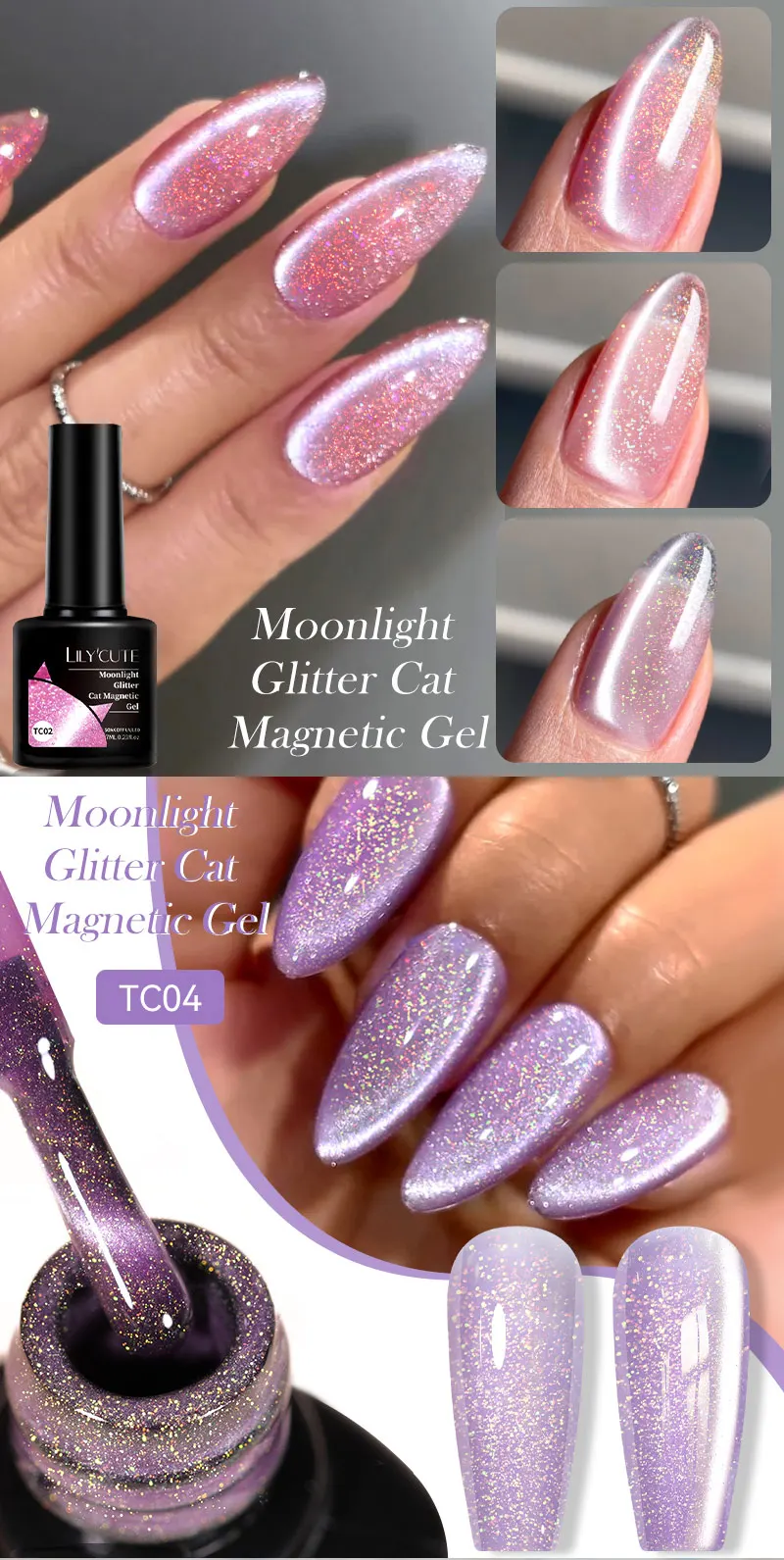 LILYCUTE 7ML Moonlight Glitter Cat Magnetic Gel Nail Polish Purple Gold Foils Effect Sparking Long Lasting Manicure Nail Art Gel