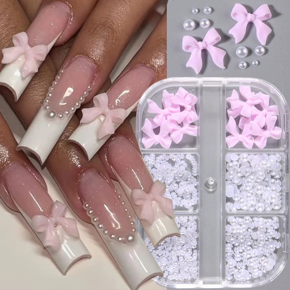 Alternative view of 1 Box Kawaii Mini Bow 3D Cute Nail Art Decorations White Pearls Nails Charms Designs DIY Pink Bowknot Resin Nail Accessories