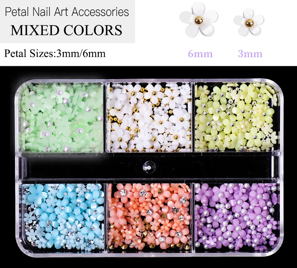 Hot Selling 6 Grids Macaron 3D Resin Five-petal Flowers Nail Art Deaoration Mixed Small Nail Ball/Crystal/Flamer Accessories Hot Selling 6 Grids Macaron 3D Resin Five-petal Flowers Nail Art Deaoration Mixed Small Nail Ball/Crystal/Flamer Accessories