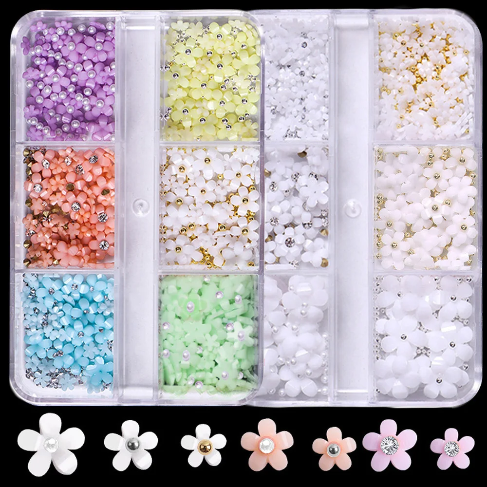Hot Selling 6 Grids Macaron 3D Resin Five-petal Flowers Nail Art Deaoration Mixed Small Nail Ball/Crystal/Flamer Accessories Hot Selling 6 Grids Macaron 3D Resin Five-petal Flowers Nail Art Deaoration Mixed Small Nail Ball/Crystal/Flamer Accessories