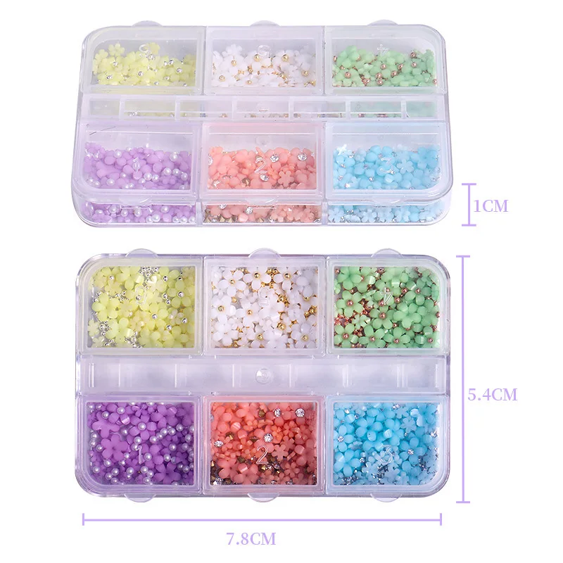 Hot Selling 6 Grids Macaron 3D Resin Five-petal Flowers Nail Art Deaoration Mixed Small Nail Ball/Crystal/Flamer Accessories Hot Selling 6 Grids Macaron 3D Resin Five-petal Flowers Nail Art Deaoration Mixed Small Nail Ball/Crystal/Flamer Accessories