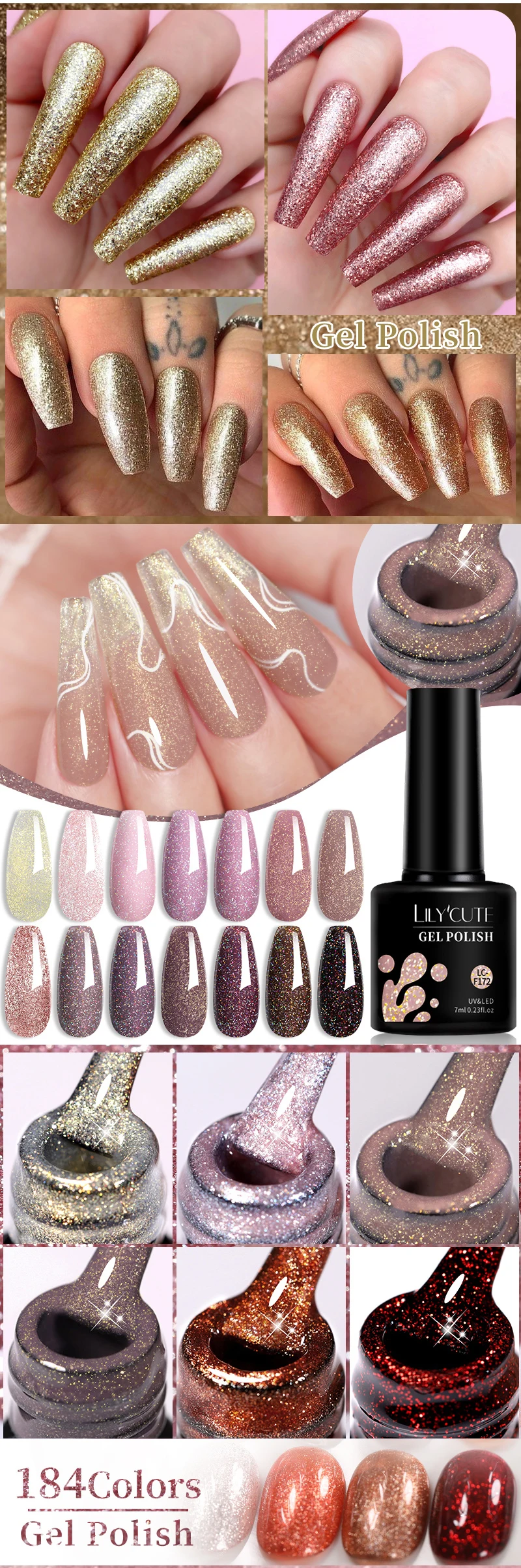 LILYCUTE Pink Glitter Sequin Gel Nail Polish Autumn Gold Laser Sparkling Effect Manicure Semi-permanent Nail Art UV Gel Varnish LILYCUTE Pink Glitter Sequin Gel Nail Polish Autumn Gold Laser Sparkling Effect Manicure Semi-permanent Nail Art UV Gel Varnish