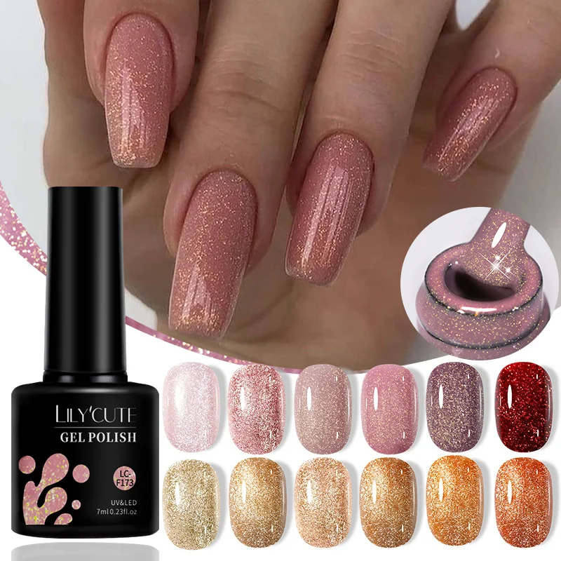 LILYCUTE Pink Glitter Sequin Gel Nail Polish Autumn Gold Laser Sparkling Effect Manicure Semi-permanent Nail Art UV Gel Varnish LILYCUTE Pink Glitter Sequin Gel Nail Polish Autumn Gold Laser Sparkling Effect Manicure Semi-permanent Nail Art UV Gel Varnish