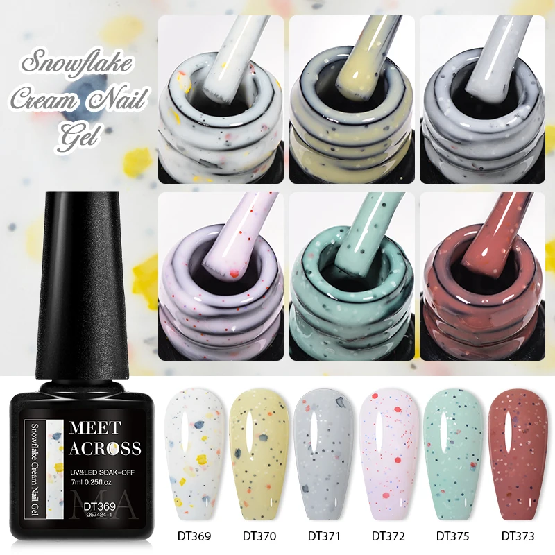 MEET ACROSS 7ml Light Blue Snowfalke Cream Gel Nail Polish Glitter Sequins Nail Art Varnish Nail Supplies Semi Permanant UV Gel