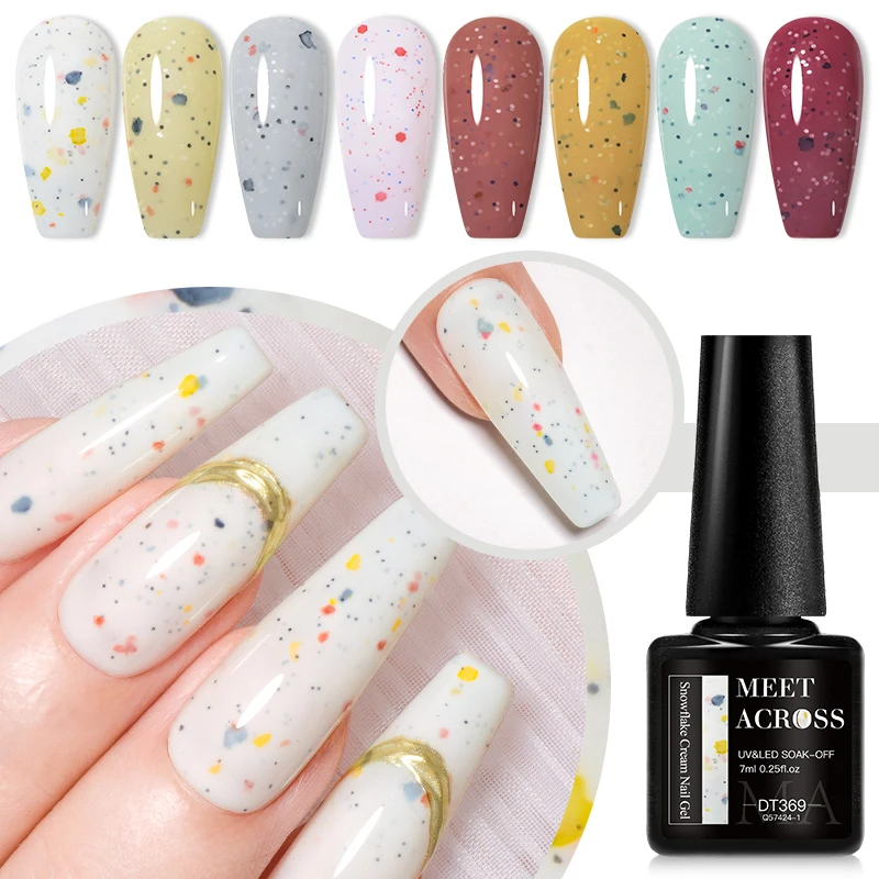 MEET ACROSS 7ml Light Blue Snowfalke Cream Gel Nail Polish Glitter Sequins Nail Art Varnish Nail Supplies Semi Permanant UV Gel